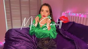 Scarlett's satin emerald blouse and black pencil skirt tease