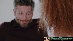 Ebony redhead Brixley Benz rides her stepdad's huge cock deep and raw