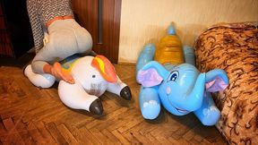 Nastya crawls over inflatable toys in the elephant and horse video, sits on their faces, and tramples their bare feet and flexible leggings. + humping and trampling