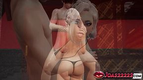 Sexy anime girl Yuuki in black bikini gives no hands blowjob & moans during titfuck