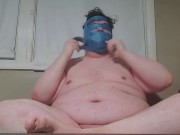 Fat male tapes face fully cums with toys in ass