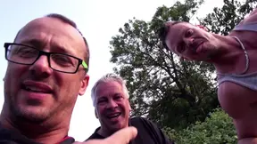 Big ass brunette enjoying in hard threesome outdoor fuck