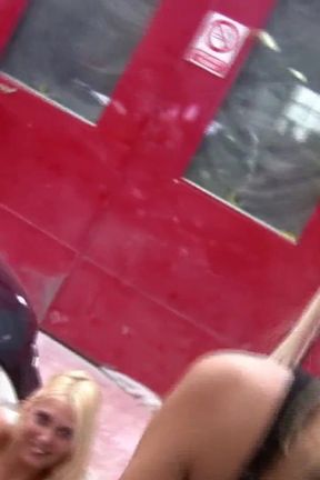 Two gorgeous babes get fucked by an auto mechanic