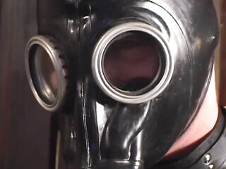 Double permeated anal in latex suit in gas mask 3some