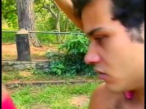 Pretty young shemale Claudia Hunter in red lingerie was banged on the cutting in a forest