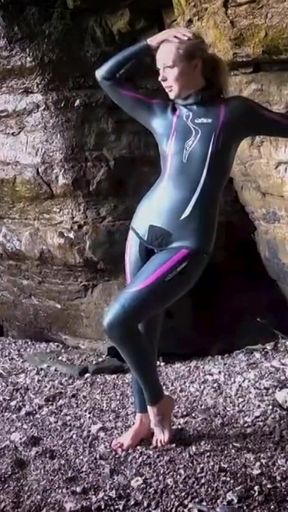 Shiny Rubber Wetsuit Tease in Private Cave
