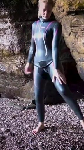 Shiny Rubber Wetsuit Tease in Private Cave