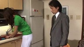 Asians Riko Tachibana gives her hubby a sensual hand job in their messy