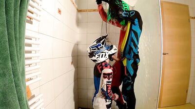 Boyfriend fucks me hard at the shower in mx gear