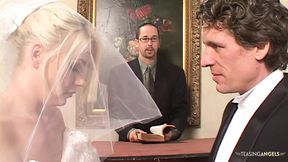 Fucked senseless by dual thrusts while wedding veil clings to sweaty skin