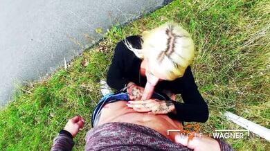 German tattooed beauty Harleen Van Hynten sucks and gets fucked outdoors on a bed of leaves