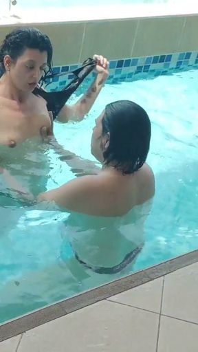 woman fucks man in the ass with strap-on in the pool ass sucking PEGGING   Clip 2