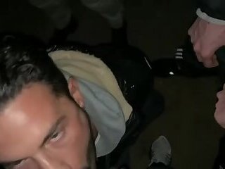 Hunk sucking multiple cocks at cruising parking lot at night