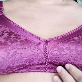 Massaging my pointy boobs on vintage purple bra