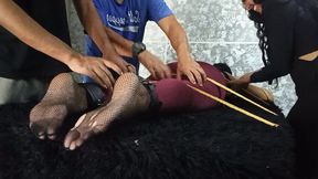 Four people tie her to a table with rope and tickle her body all over (3)