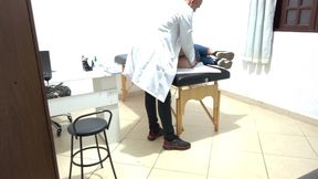 proctologist performs anal exam on constipated patient.