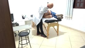 proctologist performs anal exam on constipated patient.