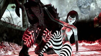 Tattooed vampire girl Mavis gets face-fucked by a horned demon in the haunted hallway of Hotel Transylvania during the Halloween party