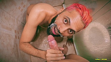 POV Facial Camilo Brown Sucking Magic C Big Twink Cock In The Shower Getting His Face Cum Covered