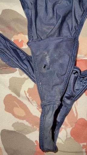 Blue satin thong cum