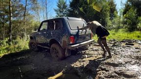 CSG, Aliona in black stockings got stuck in mud, black stockings in mud, muddy and wet feet, ripping stockings