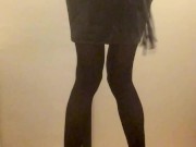 Fuchsia Doll in nylon bodysuit, leather miniskirt, show ass