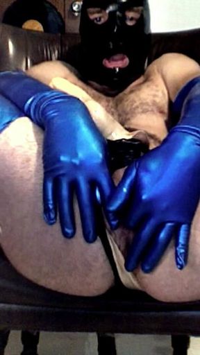 Latex Masked Sub in Stockings Fucks Its Ass with Huge Dildo