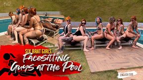 Six girls in swimwear face sit on three sunbathing guys at the pool (1080 EN-sub) Facesitting - Ass Smother - Big Butts - Ass Smelling - Ass Humiliation