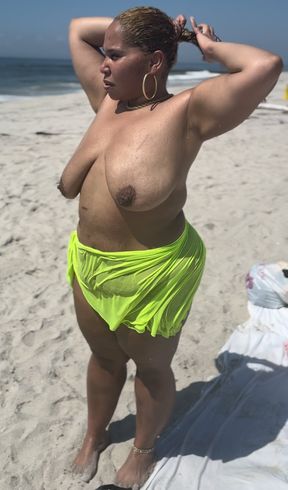 Natural Big Booty - Thick Legs Tease - Big Tits Areolas - Beach - Wet Hair - Walking in heels Thong G String - Latina BBW