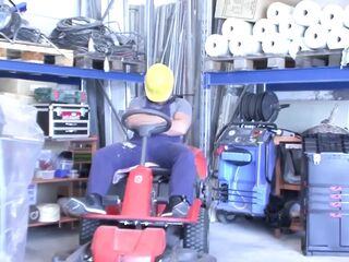 Older Golden-haired Stretched Wide on Lawnmower with Oozing Cum