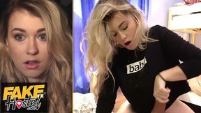 Blonde backpacker deepthroats and rides cock