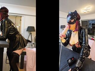 Sissy Lola Ebony Latex Double Screen Throat Banged by Her Deepthroat Sex Machine and Impales Herself on a Large Rod