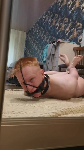 Hogtied Barefoot gagged guy with cumshot on his feet