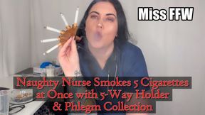 Naughty Nurse Smokes 5 Cigarettes at Once with 5-Way Holder Phlegm Collection
