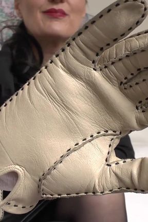 Beige Leather Gloves with a Strong Leather Scent on Your Face, Lady Victoria Valente