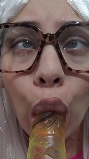 My Stepsister in a Cosplay Outfit Makes a Face Fetish, Ahegao Faces and Silly Faces While Sucking a Dildo and