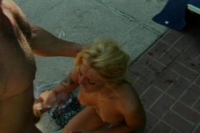 Big boobed blonde MILF rides dick in the backyard