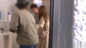 Jap cutie flashes tits, teases, then bangs in bathroom stall