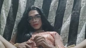 Indian sissy crossdresser Cumming in traditional indian dress and eating own cum
