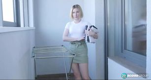 Blonde 21-year-old Mila shows off her alabaster skin and