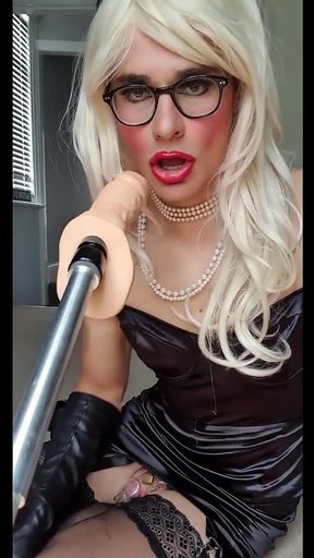 Testing the speeds of my fucking machine, hitting the back of my throat whilst wearing a vibrating butt plug, tight black satin