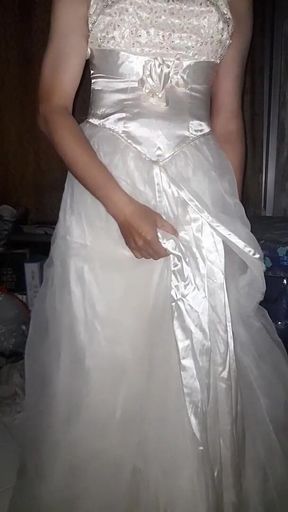 Cum Flows on Satin Wedding Dress
