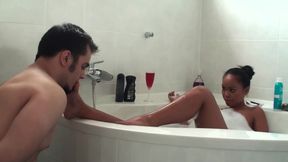 Ebony Babe Makes Him Lick Her Feet in The Bathtub