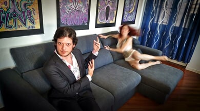 Freckled redhead with tattoos gives intense blowjob with feet in frame