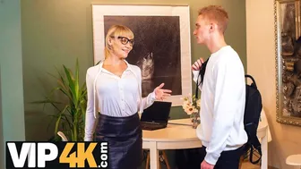 Blonde mature tutor in glasses spreads her legs for a young stud