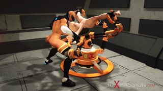 Cyber fuck machine in action! Sexy shemale plays with super busty girl