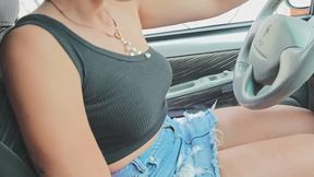 driving in a tight denim skirt