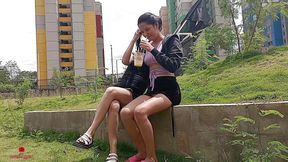 Couple of Stepsisters Meet in the Park Outdoors and Get Horny Until They Have Lesbian Sex with Each Other