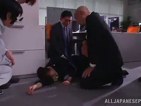 Guys Tie Up Co-Worker In Office Bondage For Rough Jizzing Over Her Body