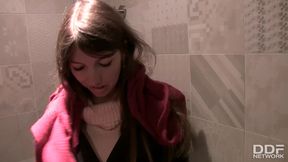 Young Czech babe gets a toilet blowjob while shopping